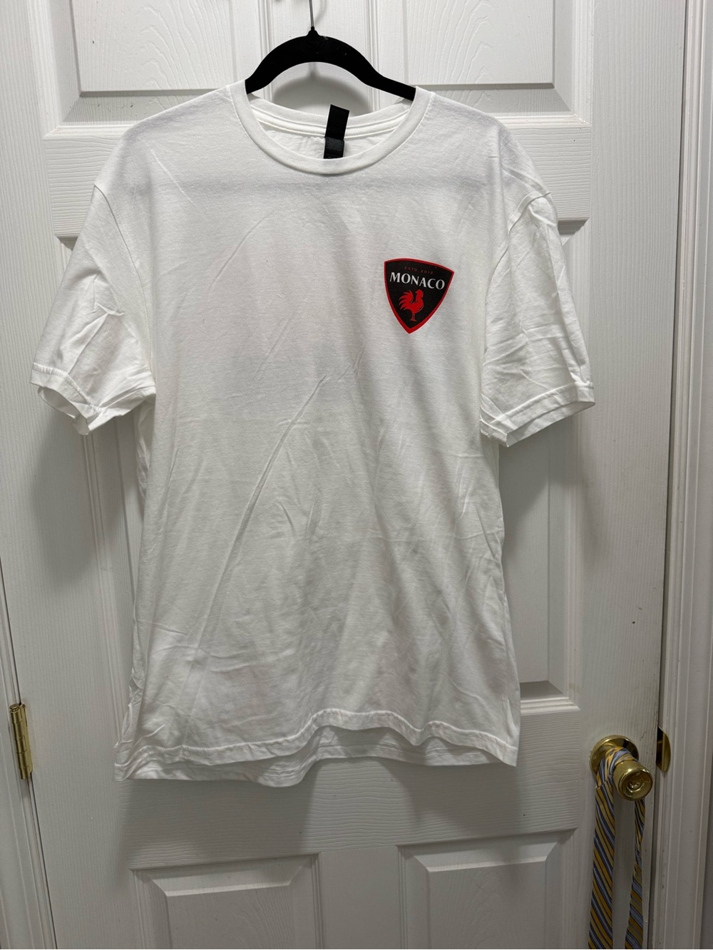 monaco White Short Sleeve Tee with Red and Black Crest